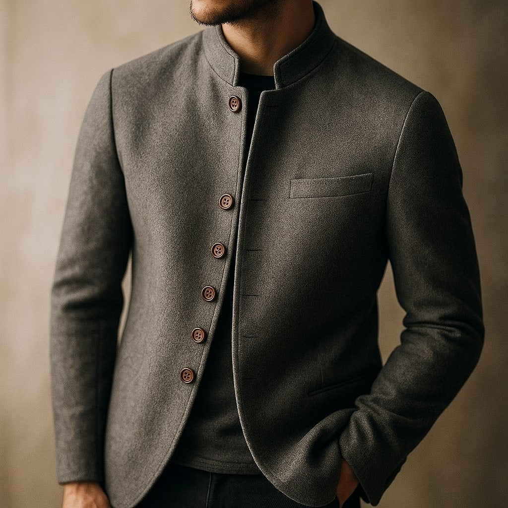 Men's high-collar blazer in grey with a structured tailored silhouette and clean lines