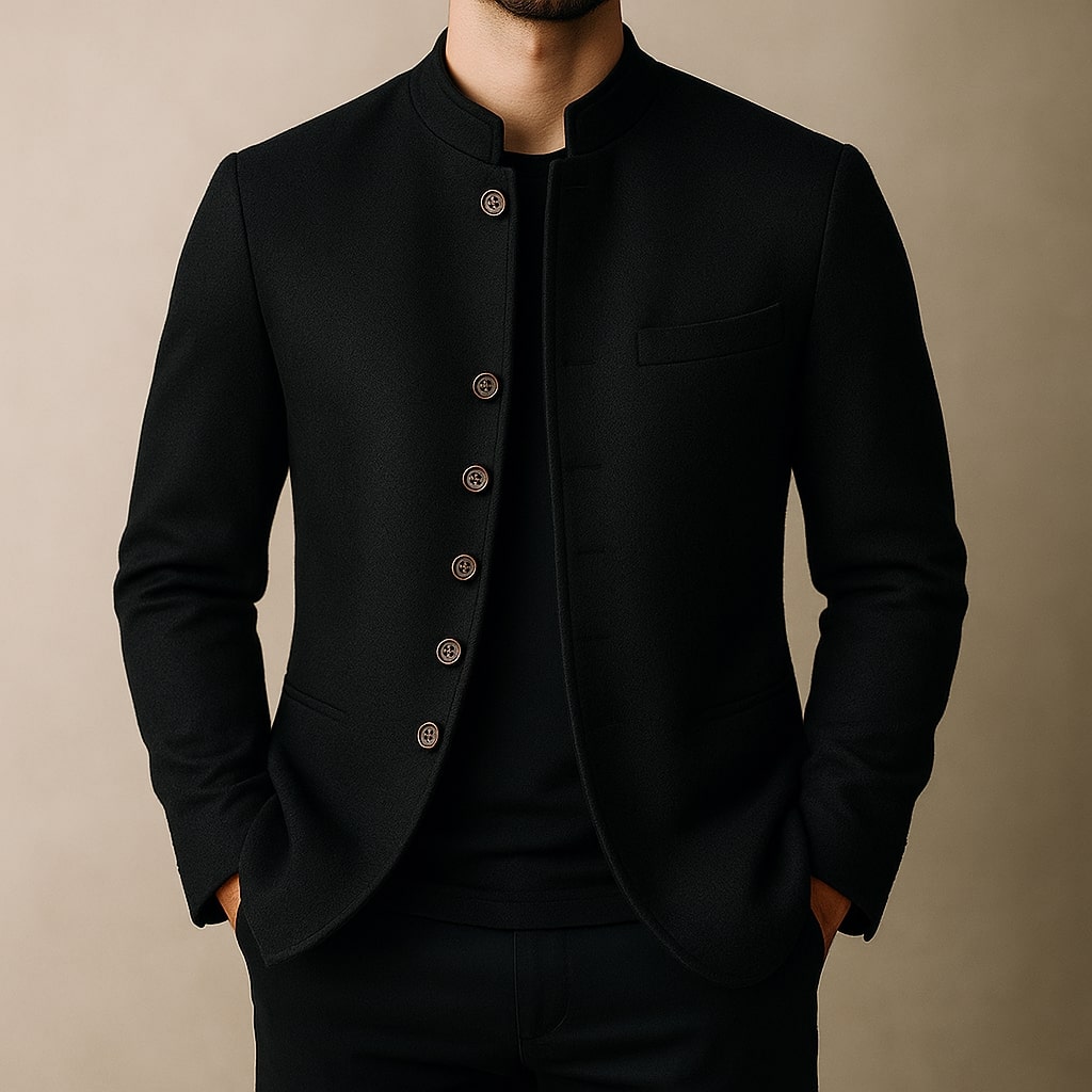 Men's high-collar blazer in grey with a structured tailored silhouette and clean lines