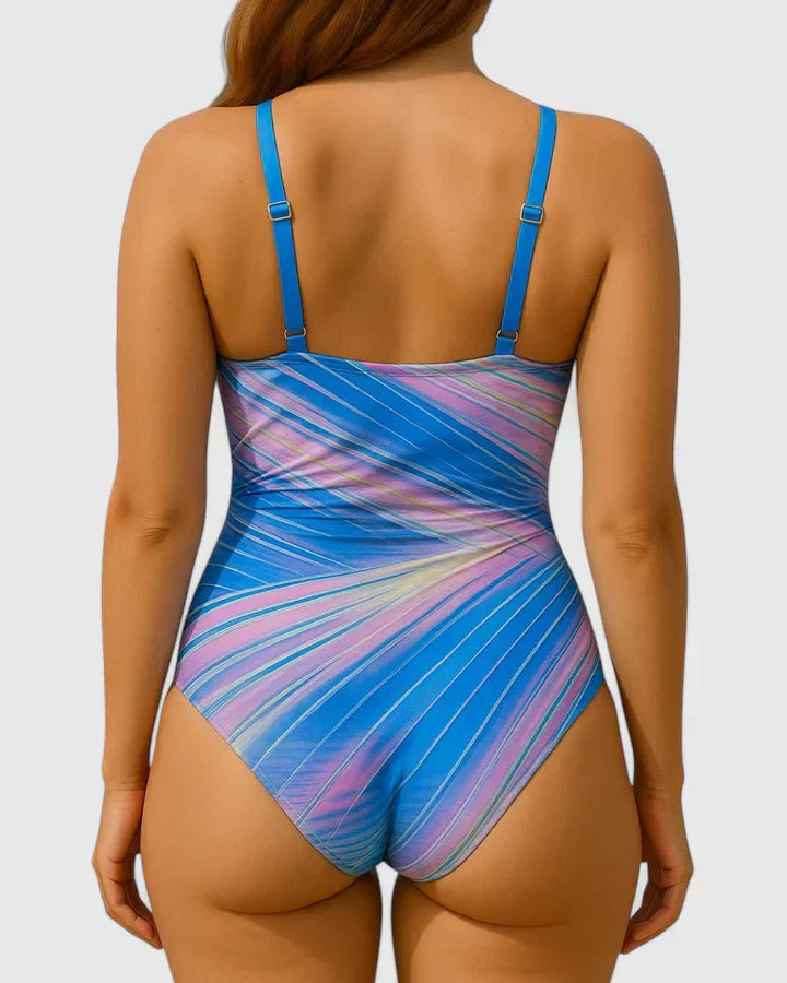 Women's striped ruched-front swimsuit in black, navy, rose, light blue and marine stripe colourways