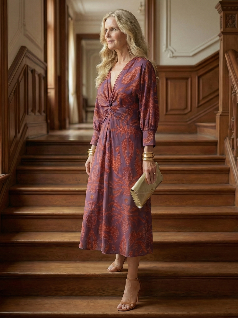 Dark green long-sleeve midi dress with diagonal wrap bodice and straight skirt in a detailed print