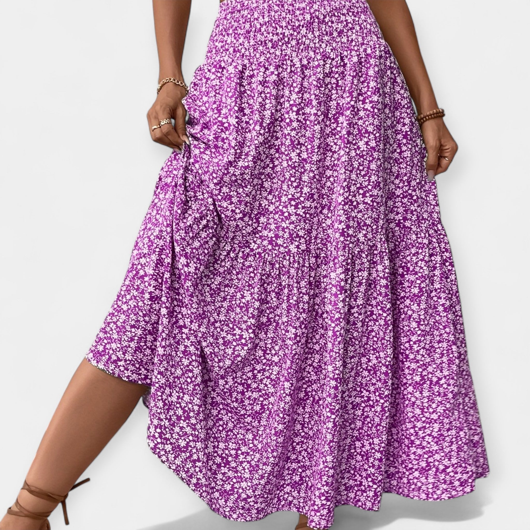 Floral midi skirt in violet print with elasticated waist and discreet side pockets