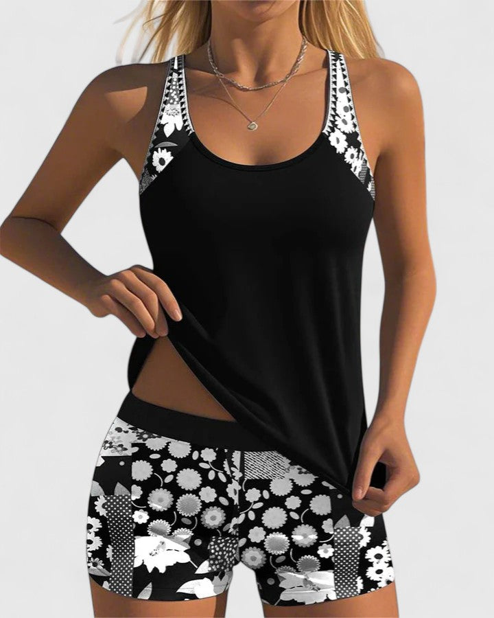 A woman wearing a comfortable swimsuit with a lively print, relaxed and carefree by the pool.