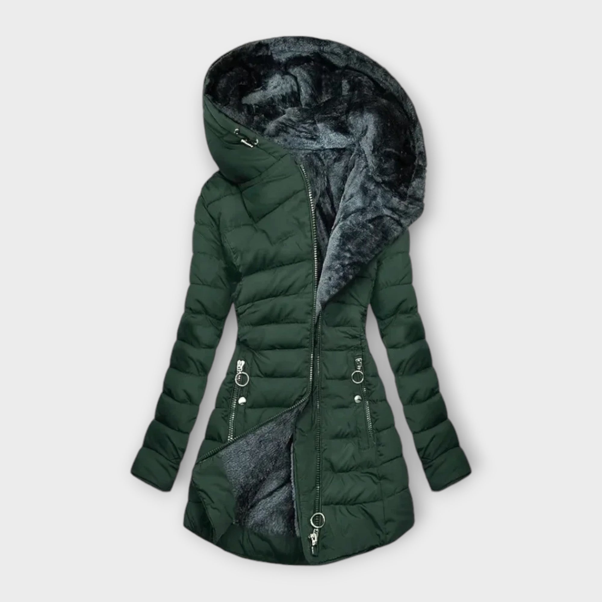 Down-filled long coat in light green, black and dark green with a classic, structured silhouette