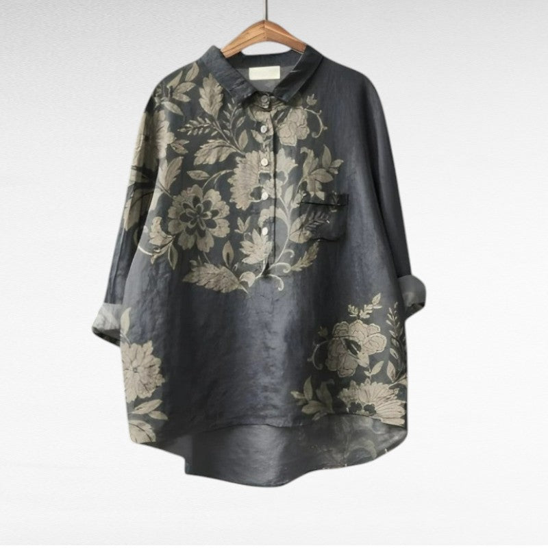 Grey floaty print summer blouse with a relaxed flattering silhouette