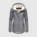 Long waterproof hooded coat in grey, black and navy with an elegant, structured silhouette