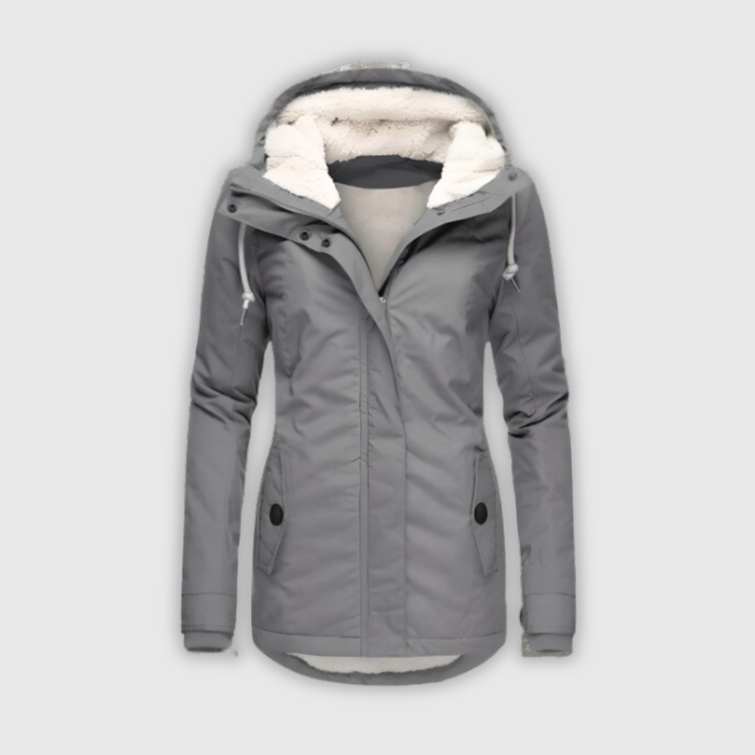 Long waterproof hooded coat in grey, black and navy with an elegant, structured silhouette