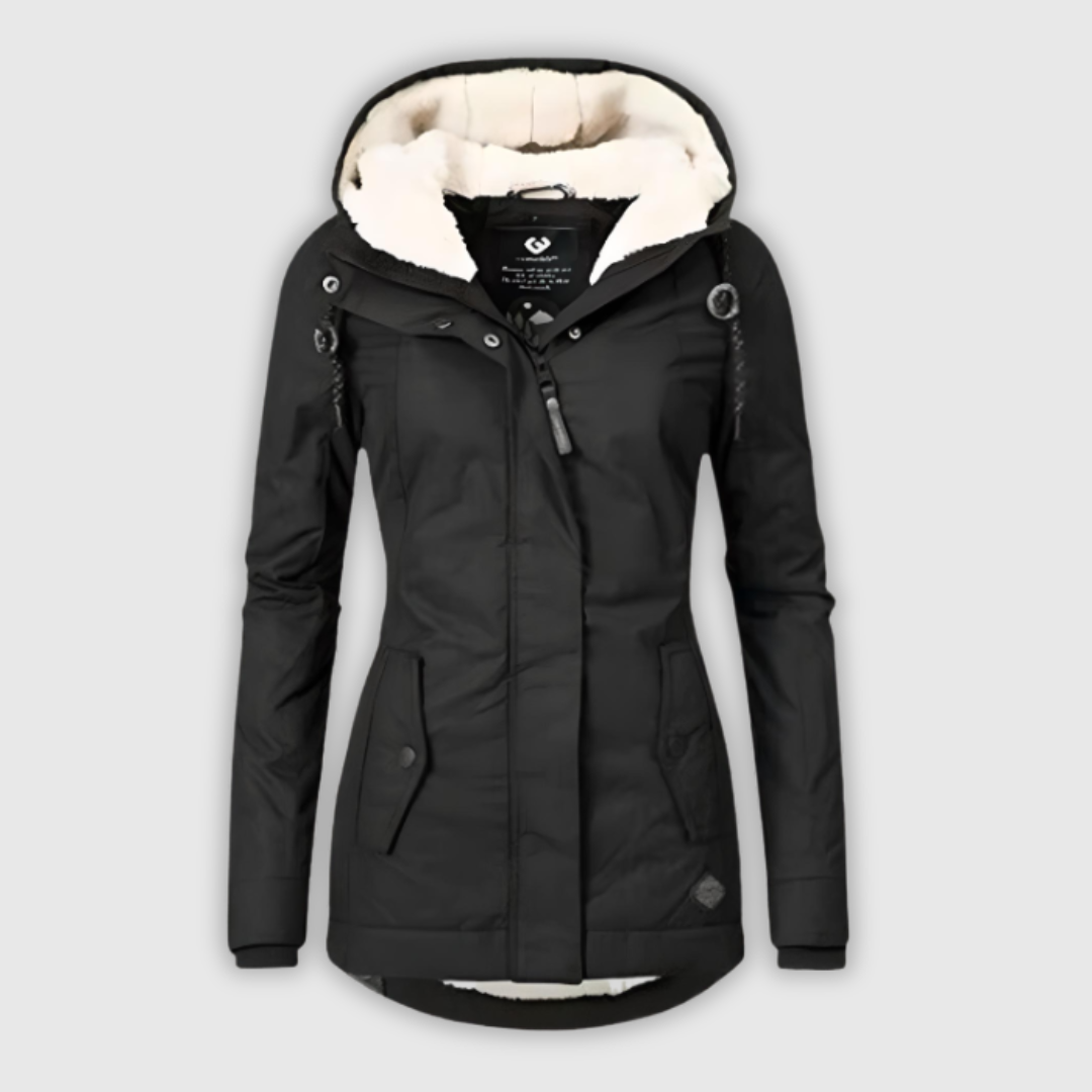 Long waterproof hooded coat in grey, black and navy with an elegant, structured silhouette