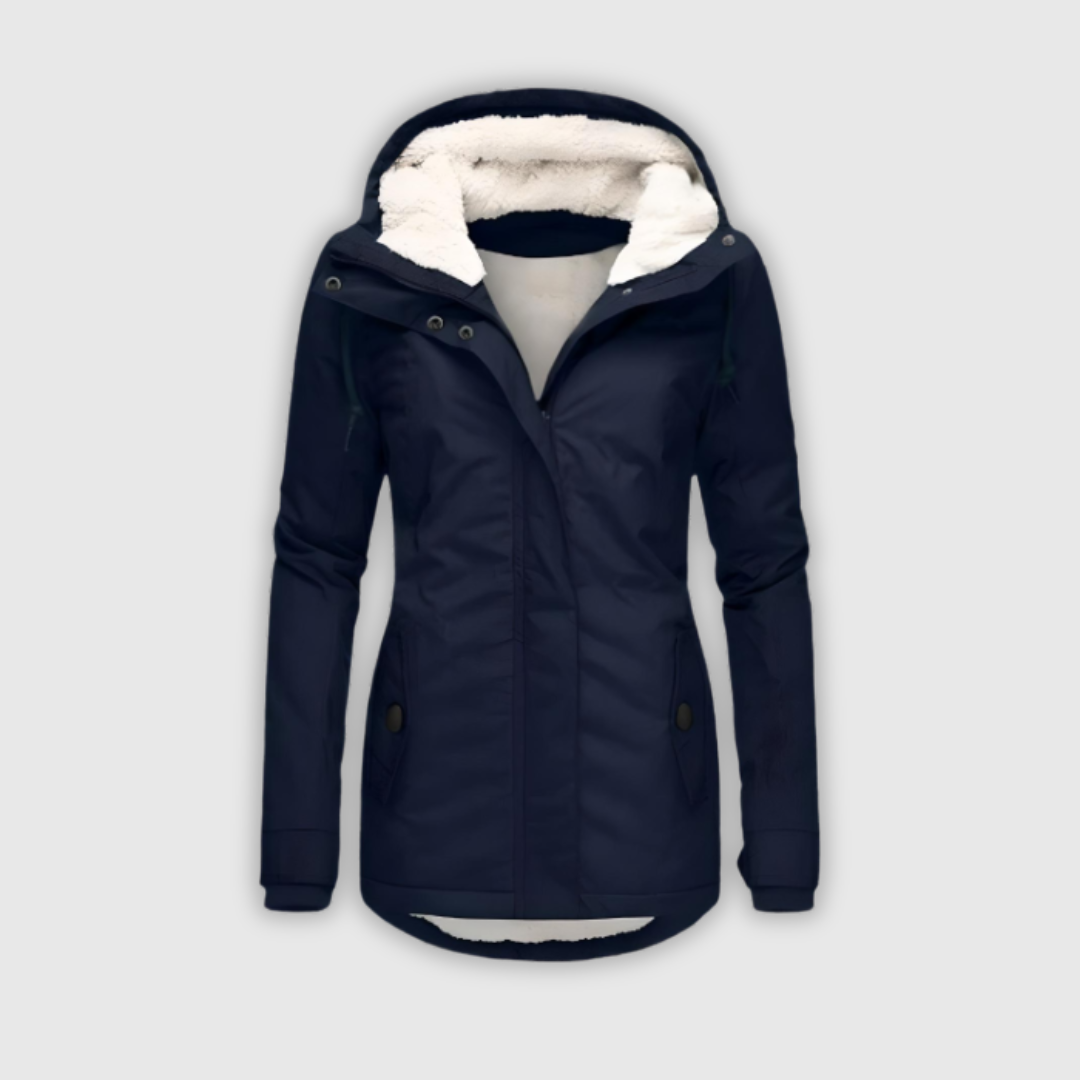 Long waterproof hooded coat in grey, black and navy with an elegant, structured silhouette