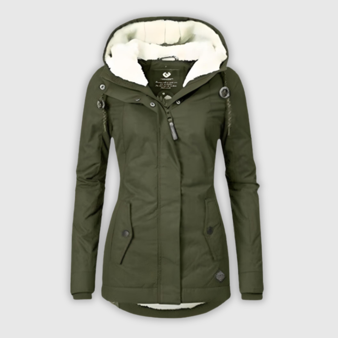 Long waterproof hooded coat in grey, black and navy with an elegant, structured silhouette