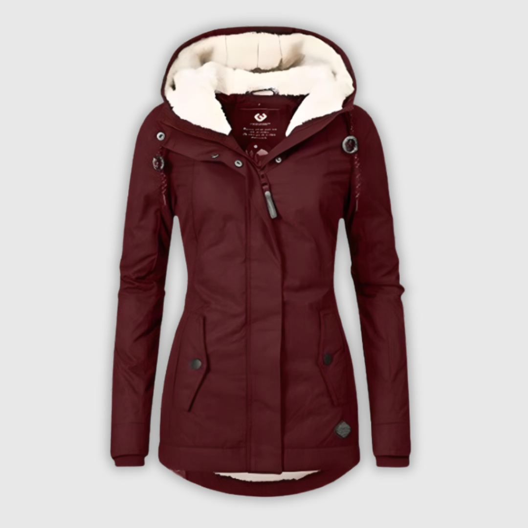 Long waterproof hooded coat in grey, black and navy with an elegant, structured silhouette