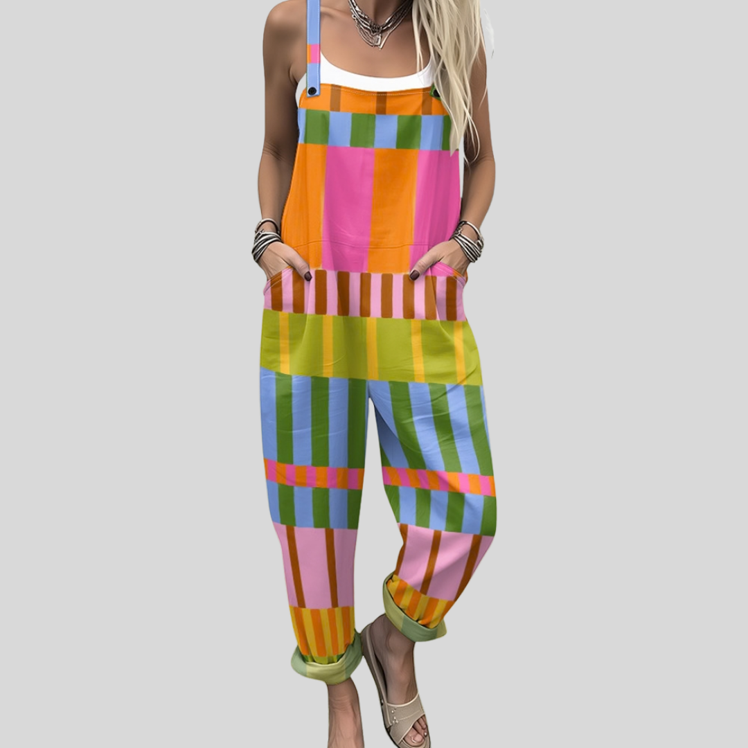 Wide-leg dungarees with a bold multicolour crossed-stripe check in pink, blue, orange, green and yellow.