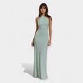 Flowing draped halter-neck maxi dress with an open back in soft light blue