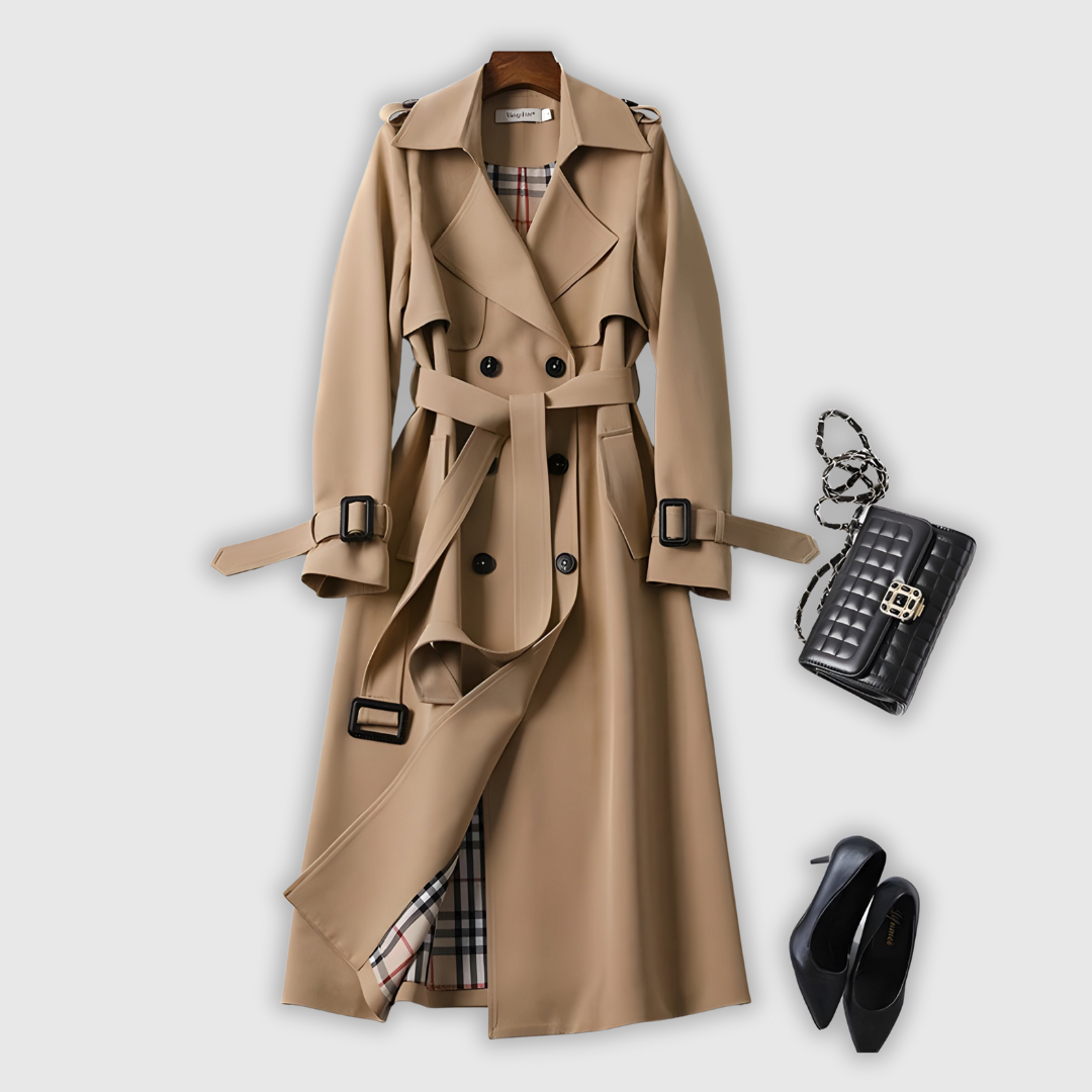 Elegant classic trench coat in beige with a clean silhouette and belted waist
