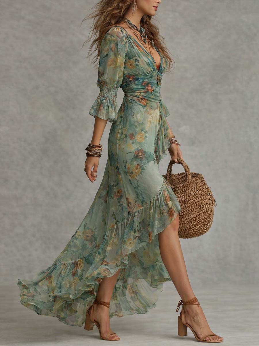 Aurora - Romantic Asymmetric Hem Long Floral Boho Dress
