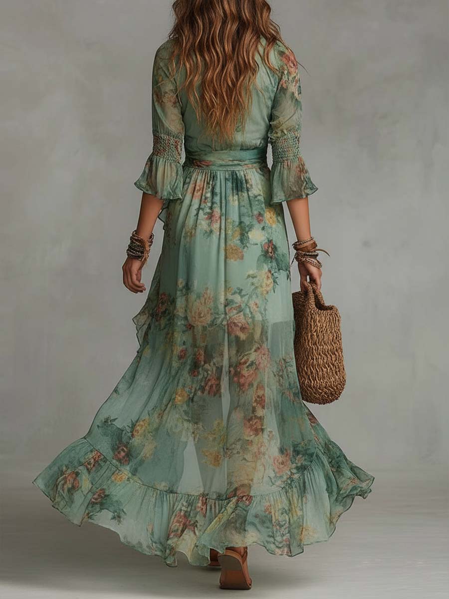 AURORA™ | Long Floral Boho Dress with Romantic Asymmetric Hem