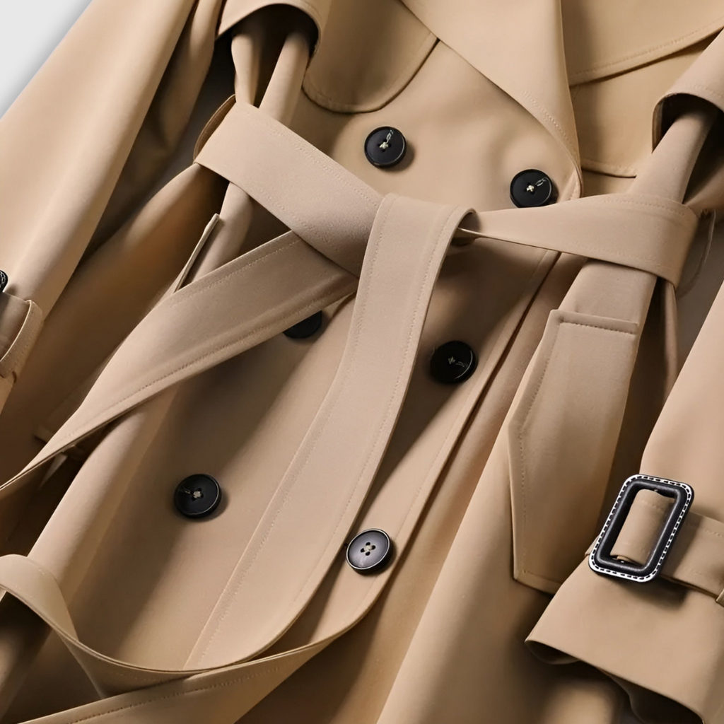 Elegant classic trench coat in beige with a clean silhouette and belted waist