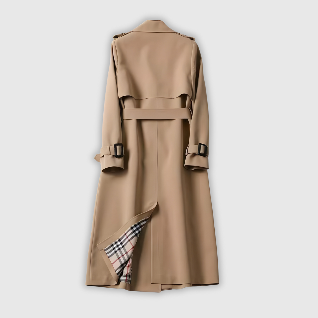 Elegant classic trench coat in beige with a clean silhouette and belted waist