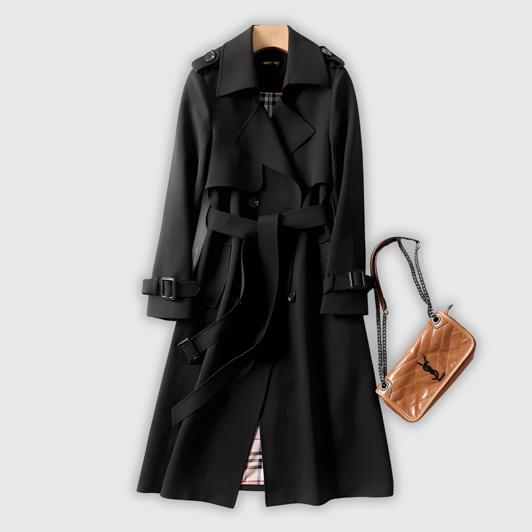 Elegant classic trench coat in beige with a clean silhouette and belted waist