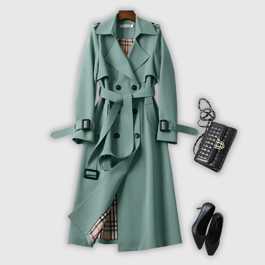 Elegant classic trench coat in beige with a clean silhouette and belted waist