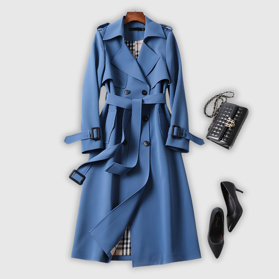 Elegant classic trench coat in beige with a clean silhouette and belted waist