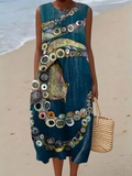 A sleeveless vintage-style patchwork stripe dress in vivid blues, pinks, greens and purples