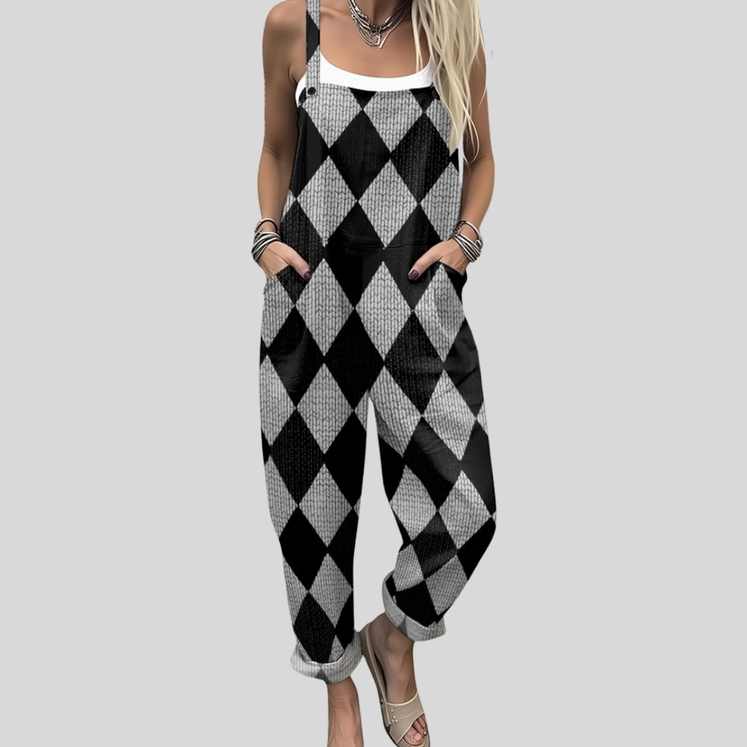 Emer™ wide-leg dungarees in a graphic black-and-white harlequin diamond print with a relaxed wide-leg cut.