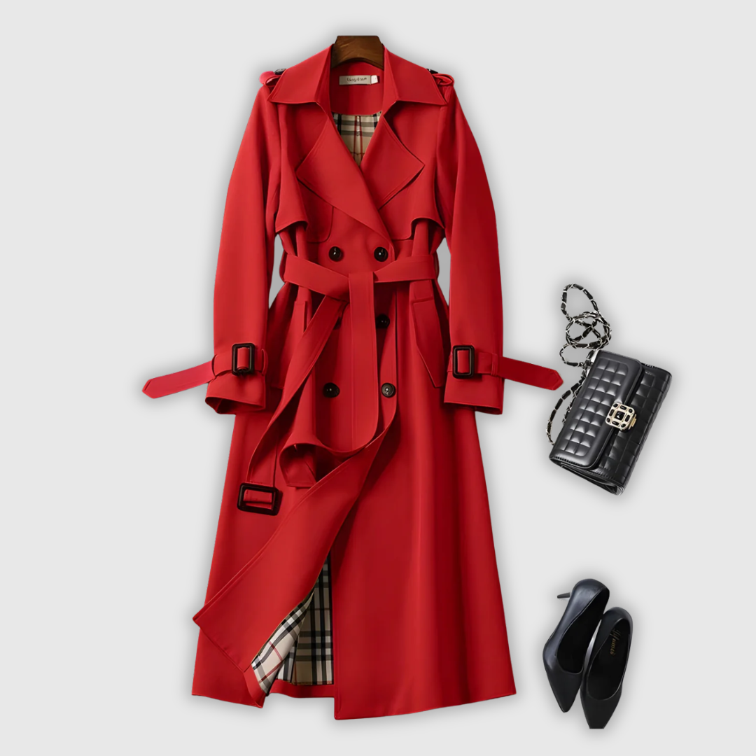 Elegant classic trench coat in beige with a clean silhouette and belted waist