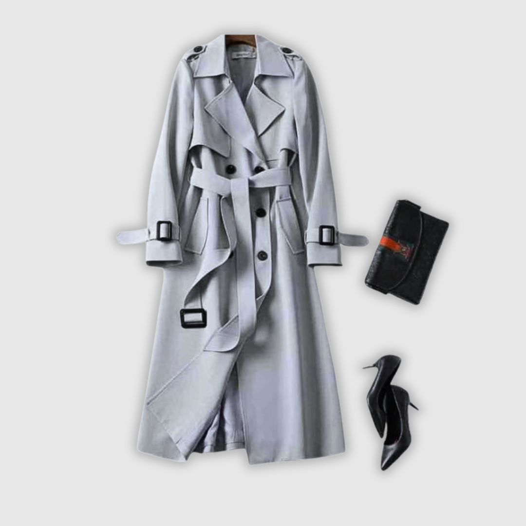 Elegant classic trench coat in beige with a clean silhouette and belted waist