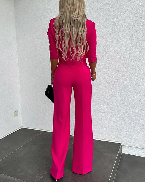 Brown high-waist two-piece co-ord set with a clean straight-leg cut and minimalist design