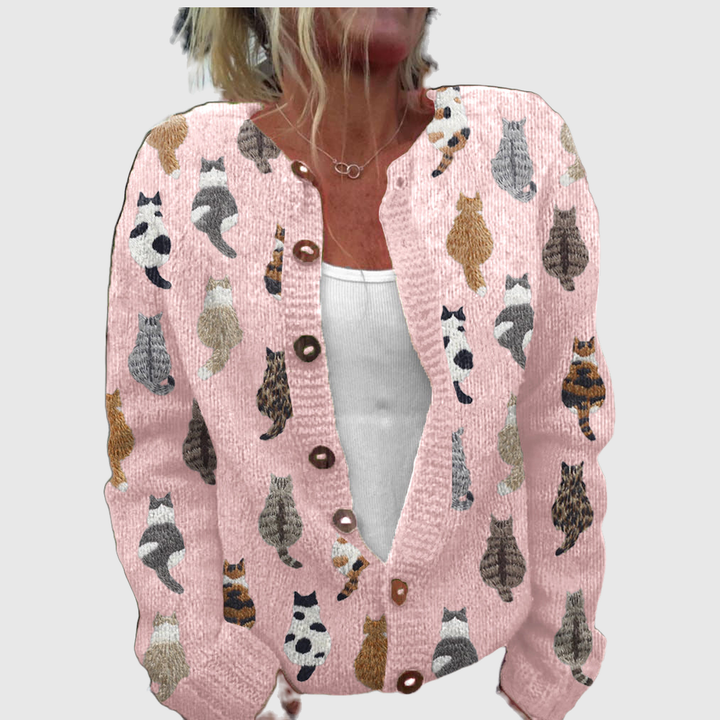 Niamh cardigan with playful cats in soft greys and browns – Mary Cork