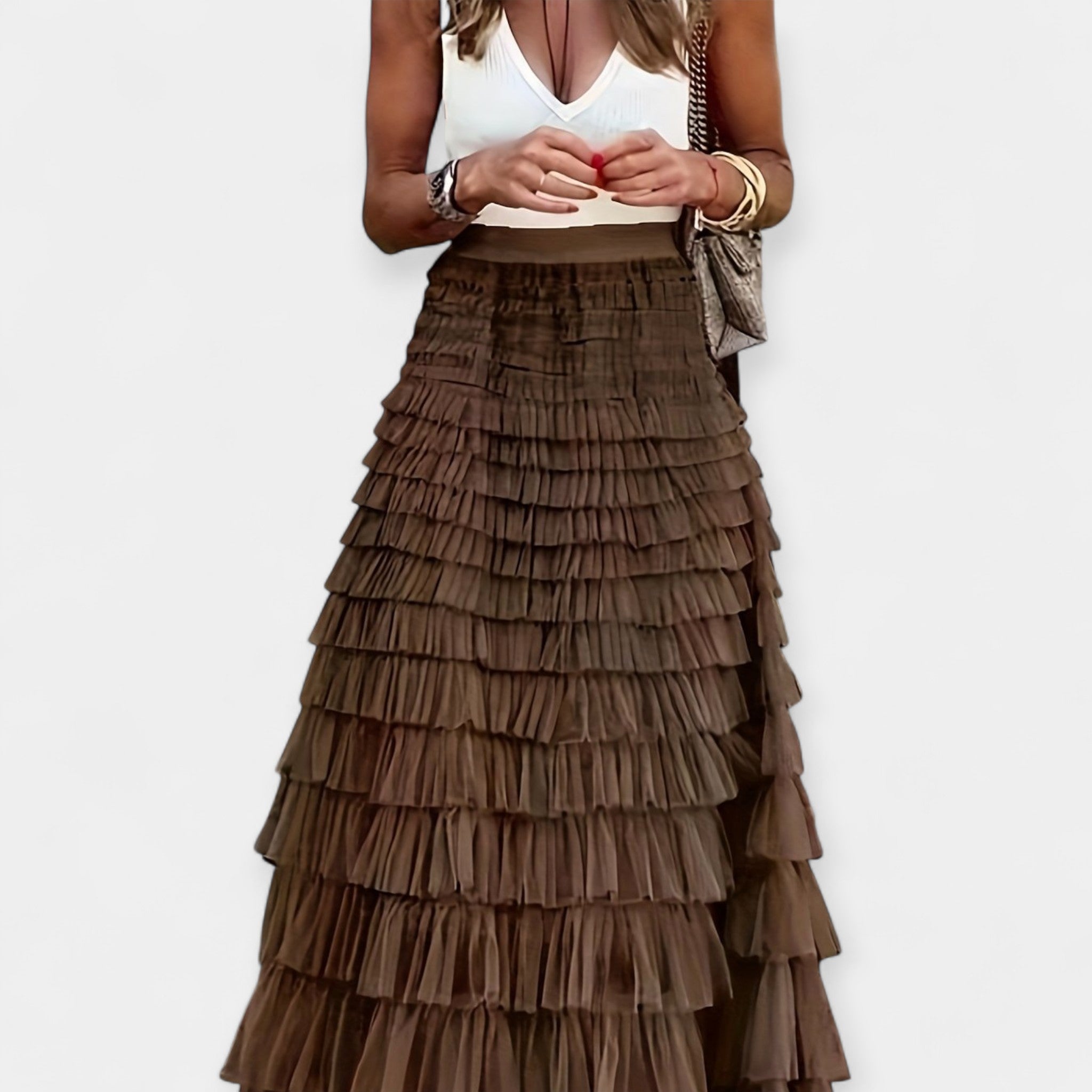 Boho high-waist midi skirt in dark green with a mesh hem border detail