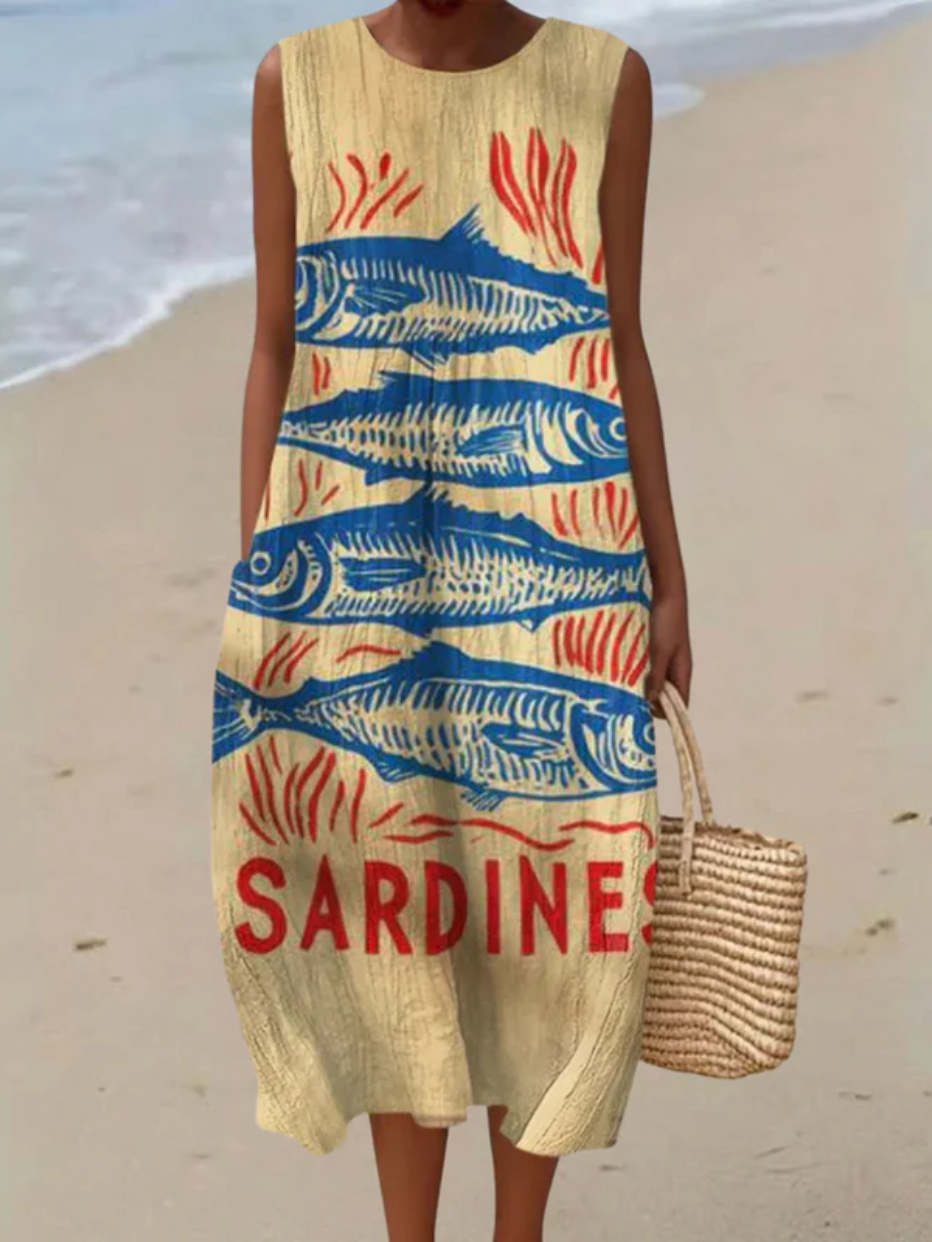 A sleeveless patchwork stripe dress in vivid electric blue, pink, green and purple tones