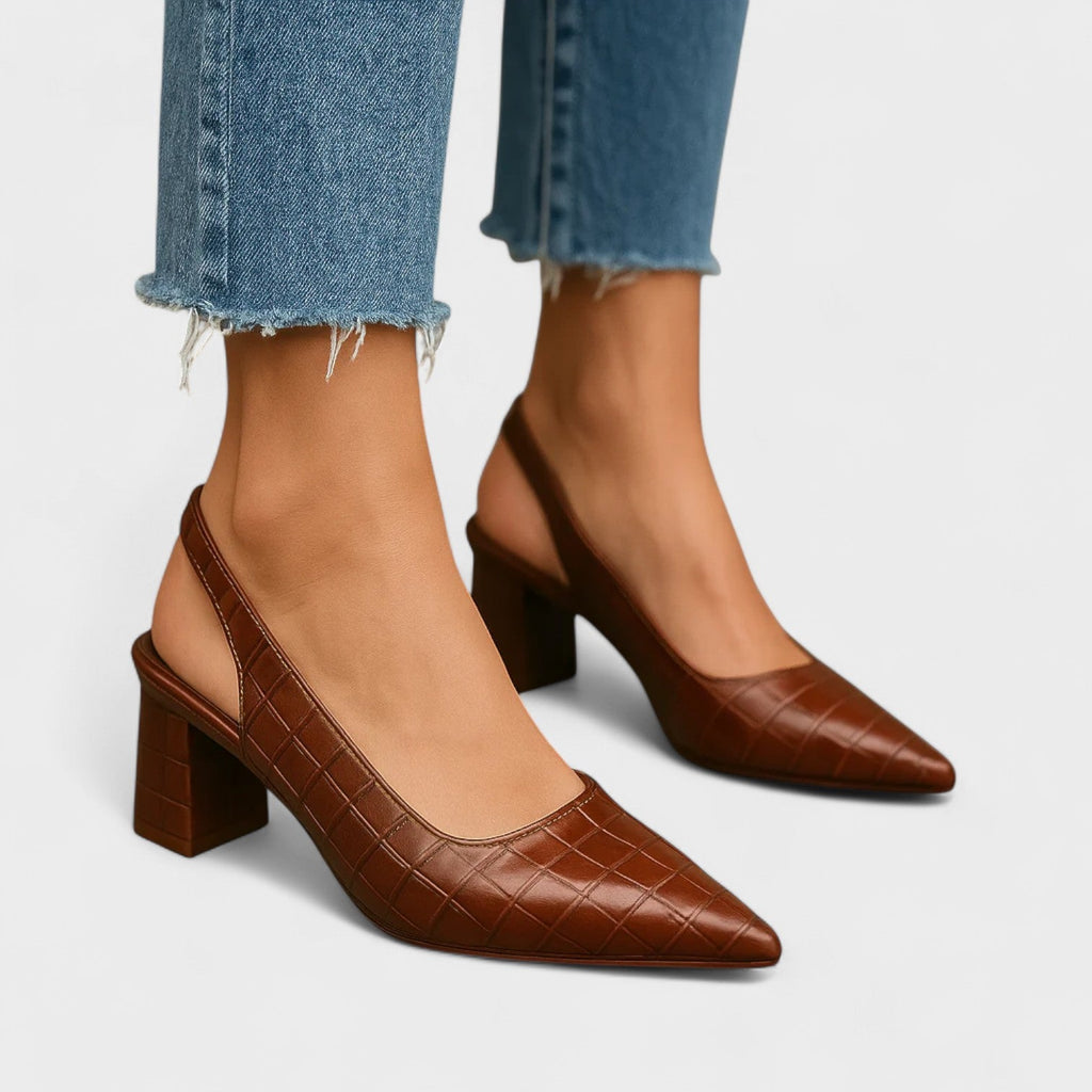 Brown textured mid-heel court shoes with a pointed toe and block heel