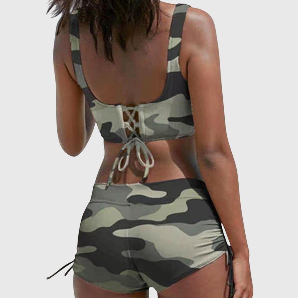 Camo print bikini in camo green, blue, black and red colourways