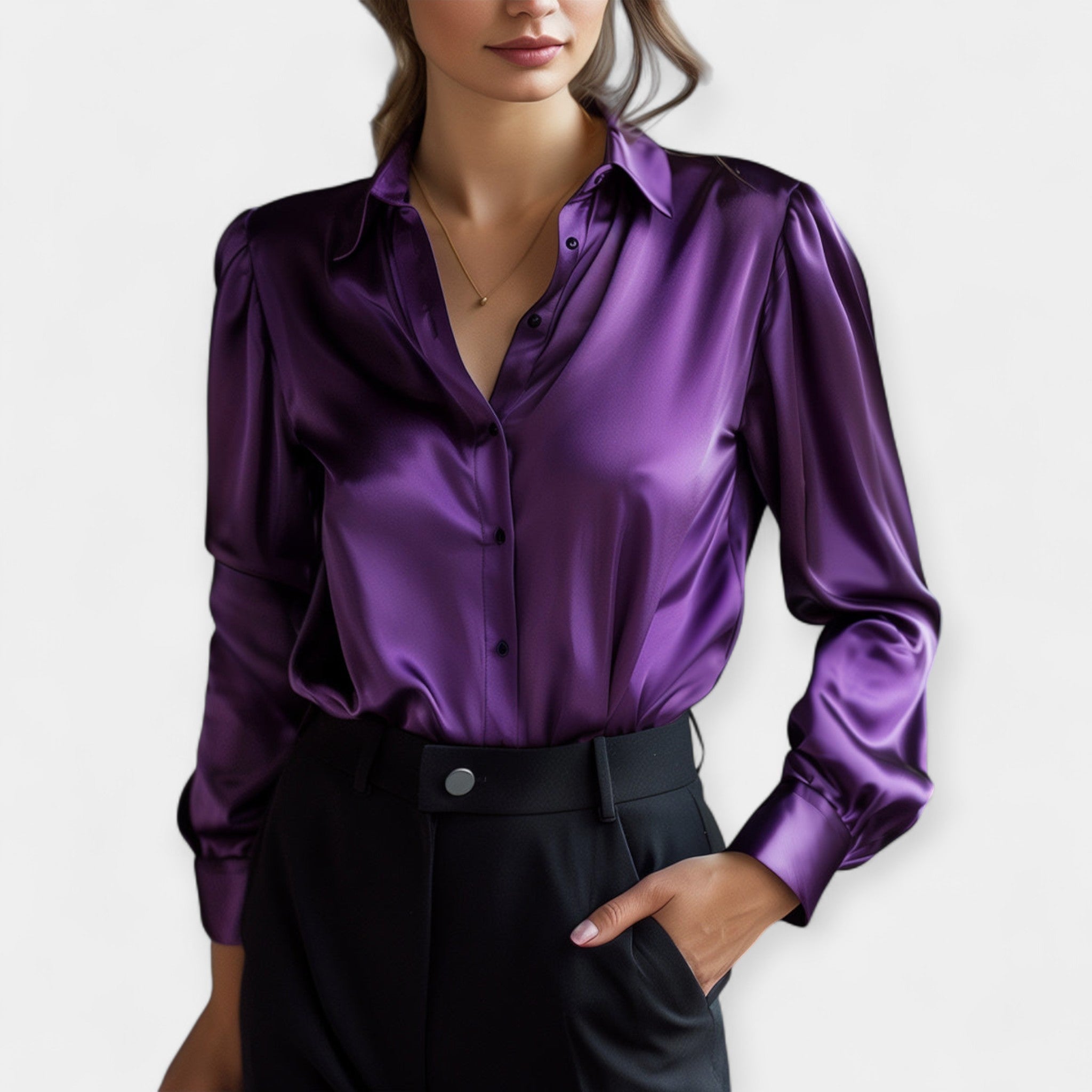 Black lustrous collar blouse with a smooth sheen finish and elegant refined neckline