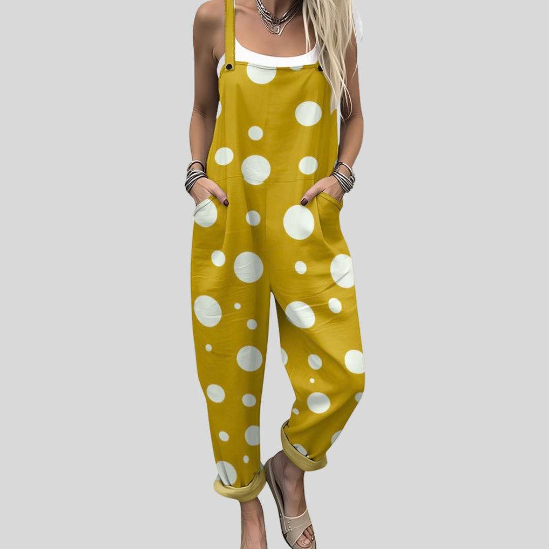 Sadhbh™ relaxed tapered dungarees in bright sunshine yellow with bold white polka dots of varying sizes across the fabric.