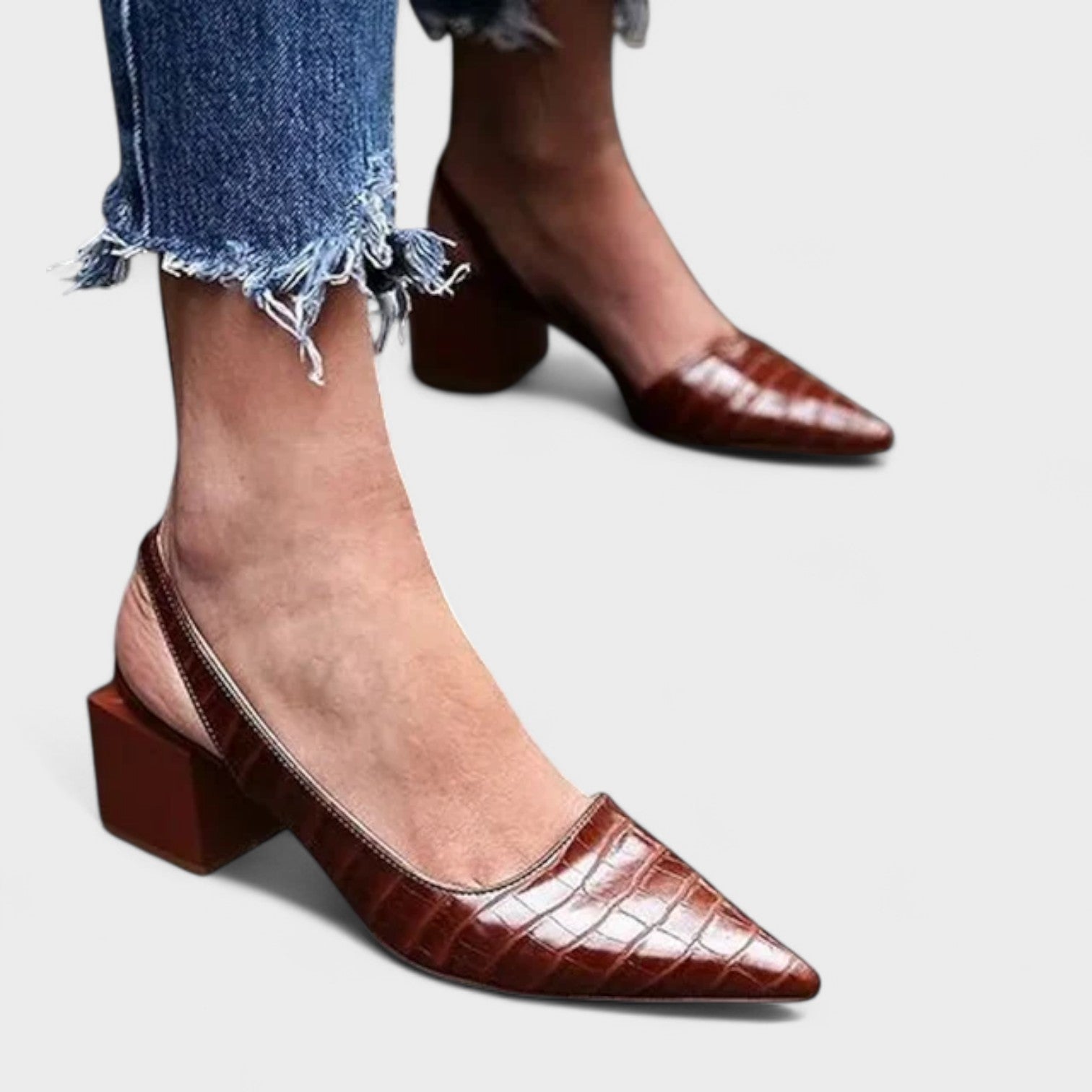 Brown textured mid-heel court shoes with a pointed toe and block heel