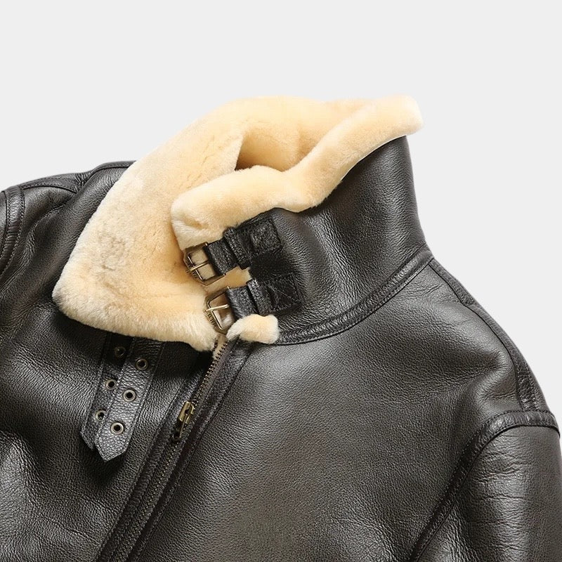 Men's dark brown aviator jacket with classic structured silhouette and zip front