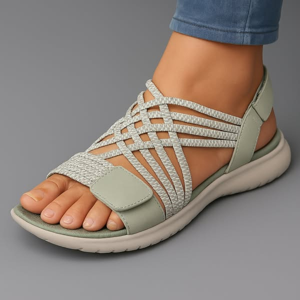 Women's adjustable comfort sandals in beige with Velcro strap and cushioned footbed