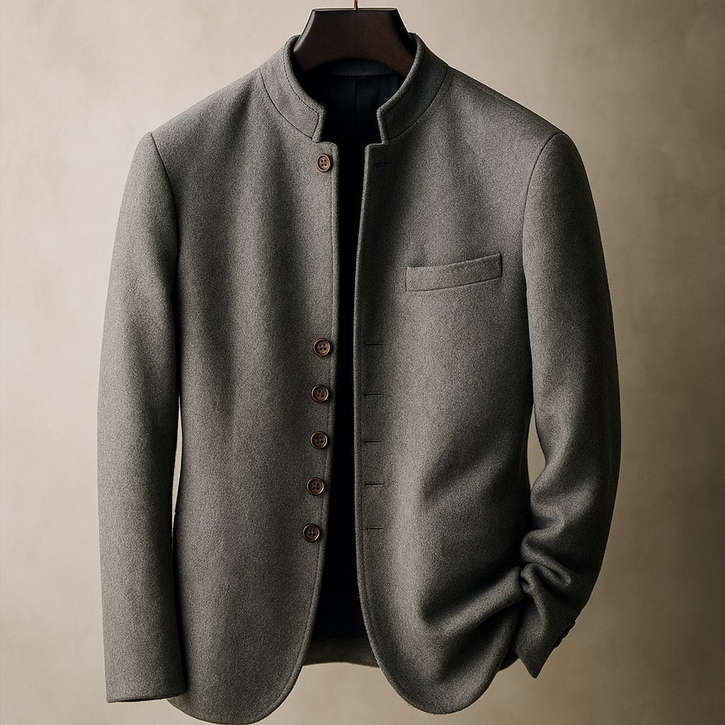 Men's high-collar blazer in grey with a structured tailored silhouette and clean lines