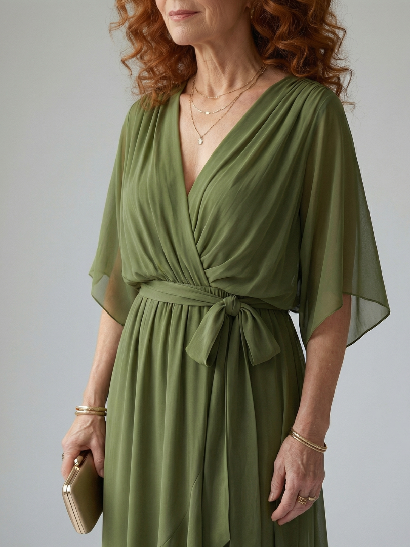Green floaty midi dress with a draped V-neckline and soft bow waist detail