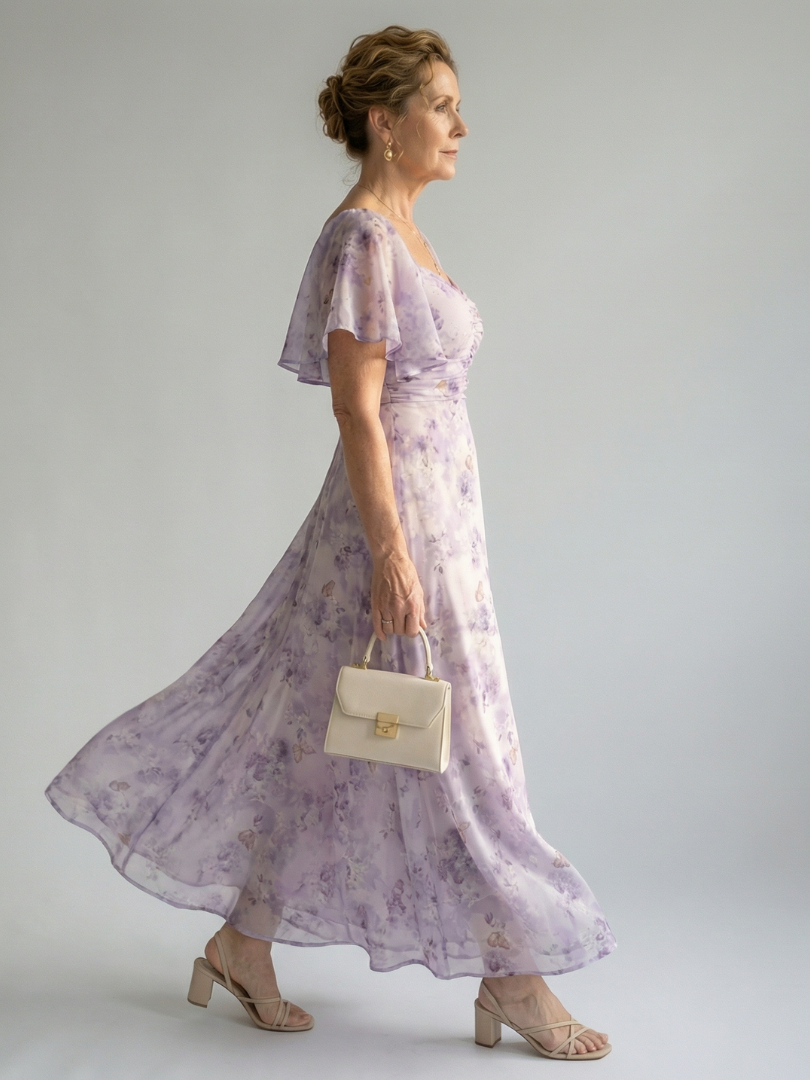 Floral midi dress with a square neckline and short flutter sleeves in a delicate print