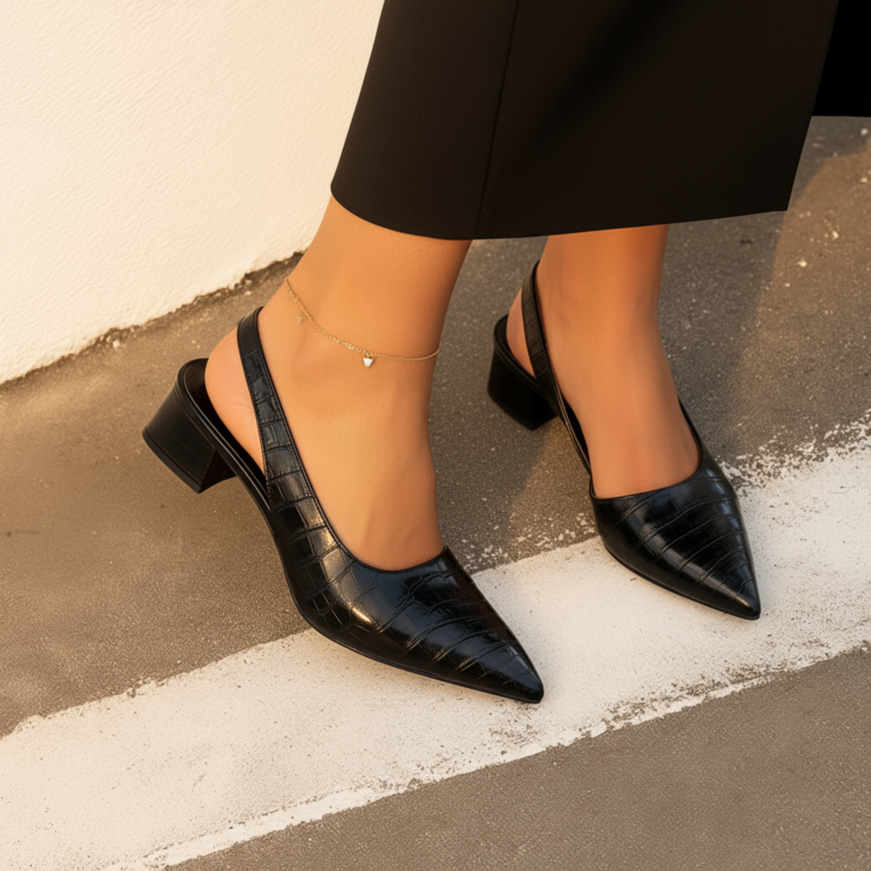 Black orthopaedic comfort heels with a wide toe box and low supportive heel