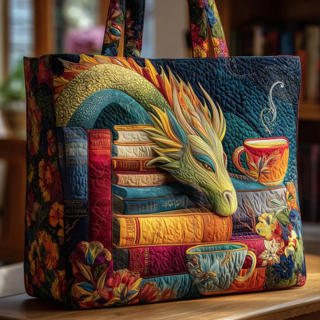 Quilted tote bag featuring a dragon reading books with a cup of tea by candlelight