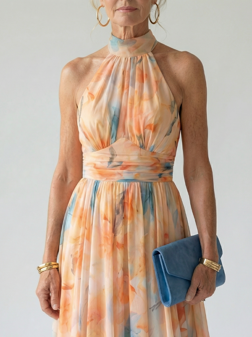 Multicolour halter-neck midi dress with ruched neckline, defined waist and flowing skirt