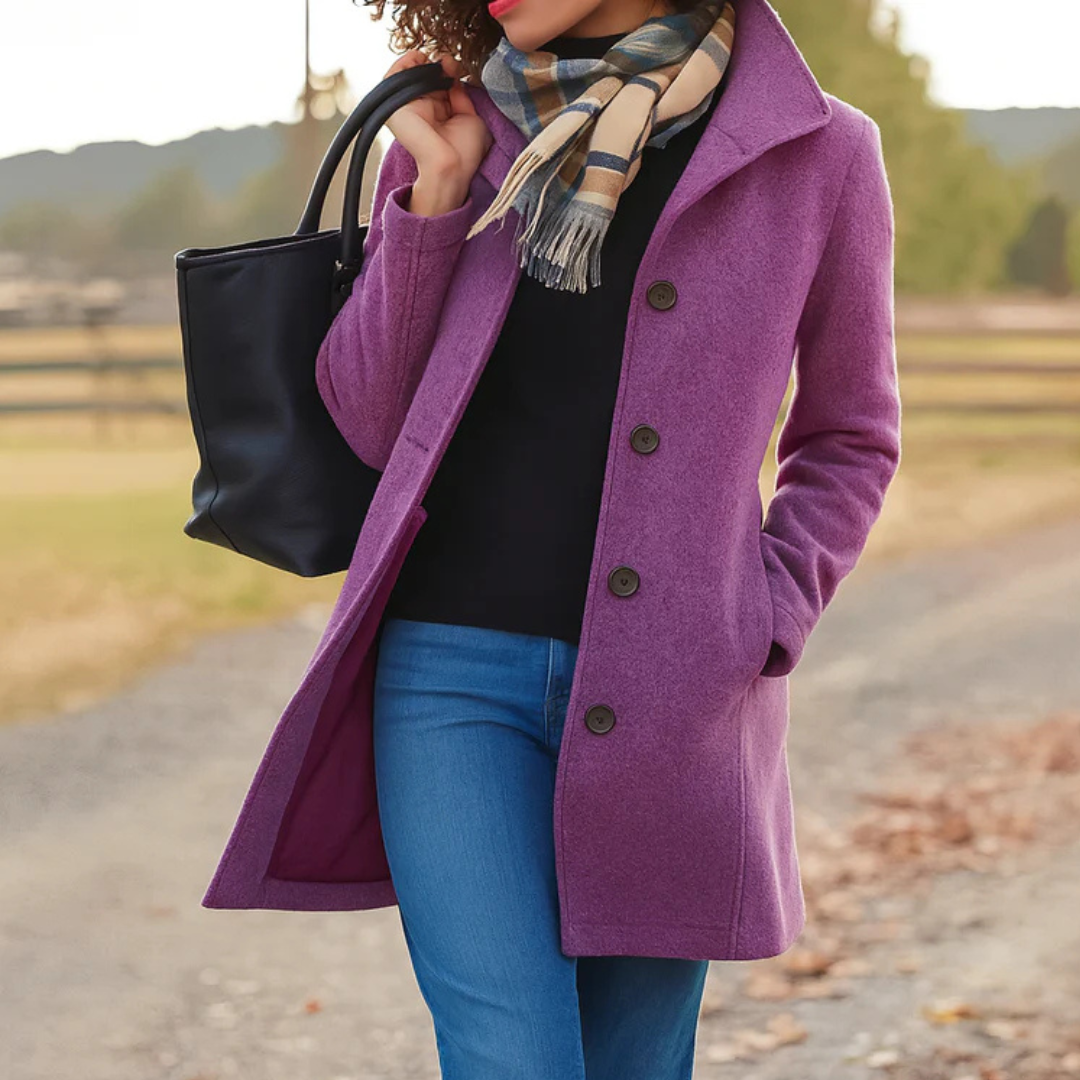A woman wearing an elegant camel button-through coat over a jumper on a crisp autumn day.