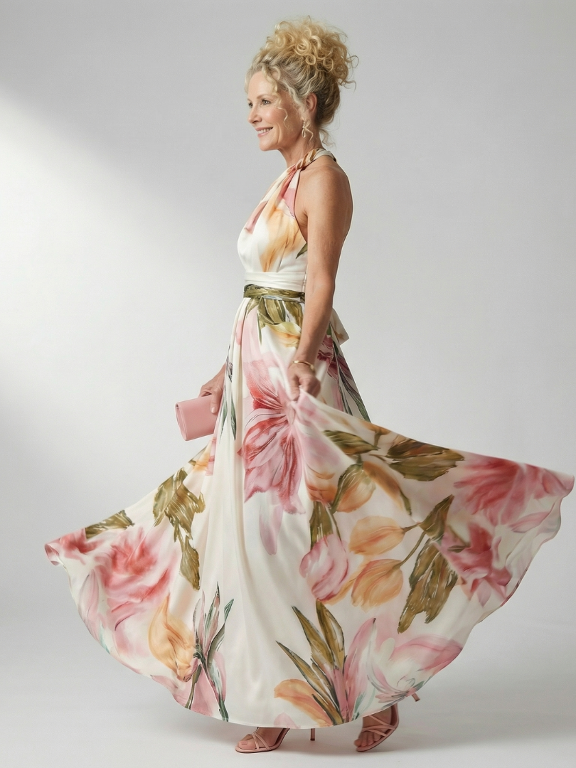 White floral halter-neck maxi dress with large bold print and flowing relaxed skirt