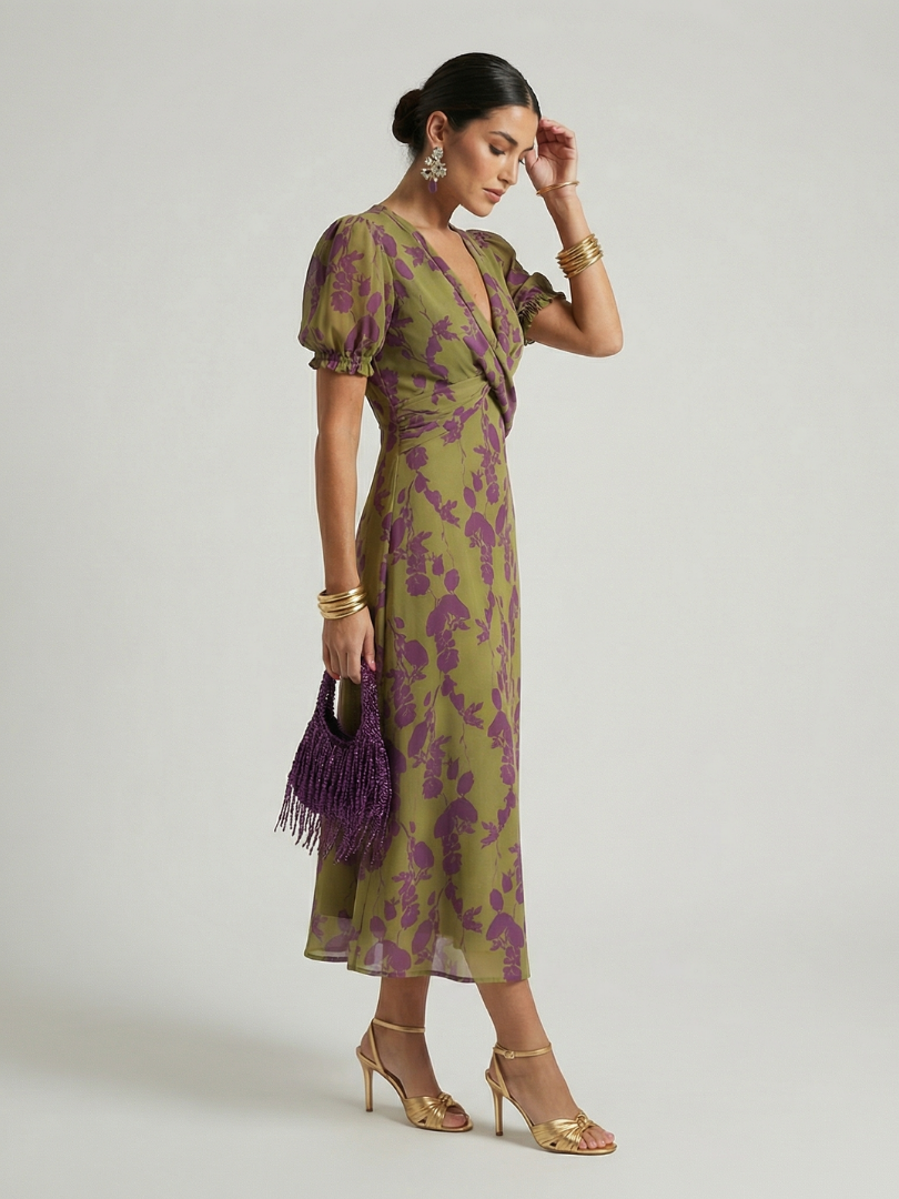 Floral print midi dress with wrap V-neckline, defined waist and straight flowing skirt