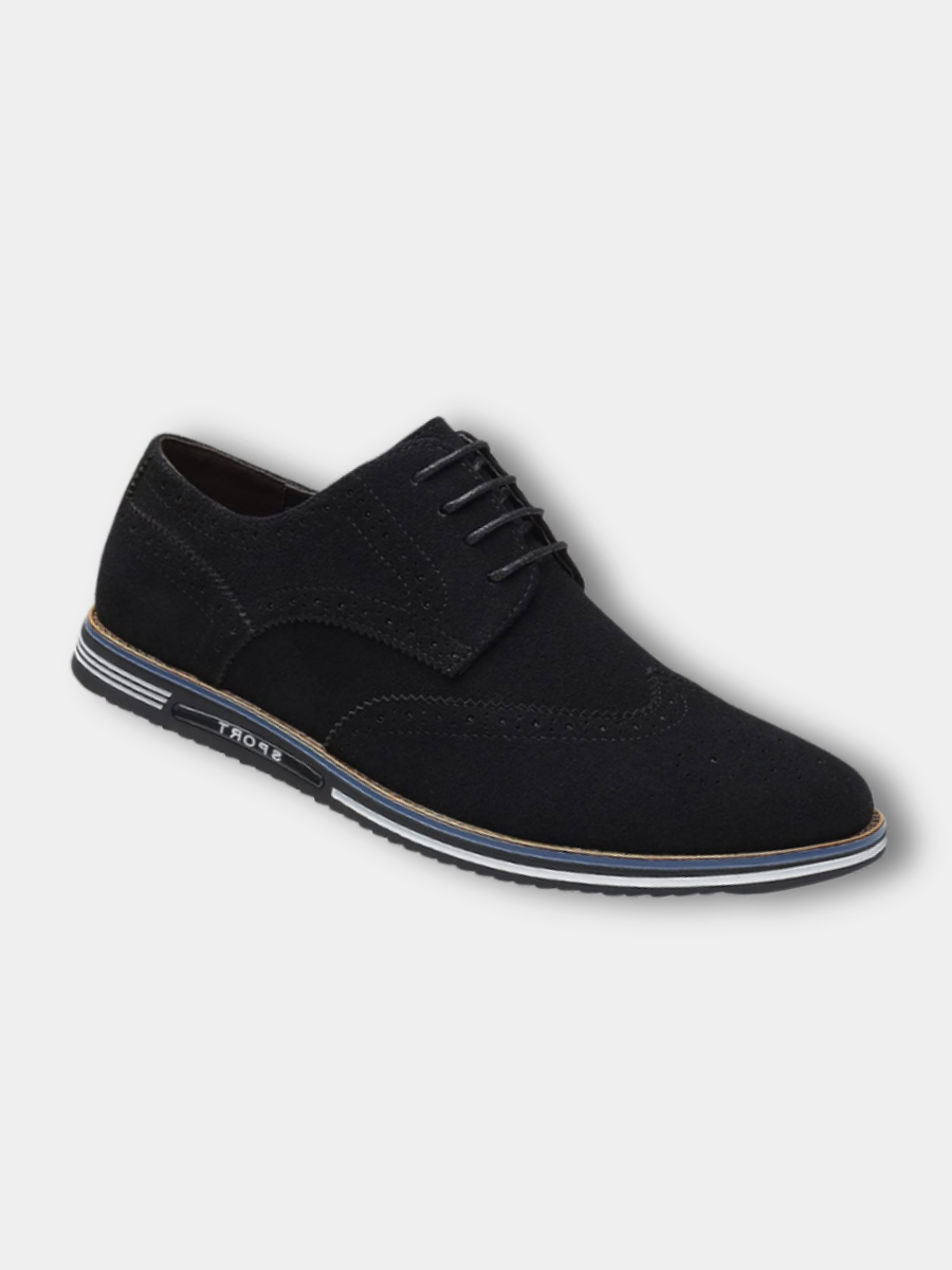 Men's black luxury dress shoes with a sleek pointed silhouette and polished smooth upper