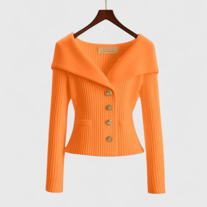 Soft elegant cardigan in yellow, red, white and black with a classic neat silhouette